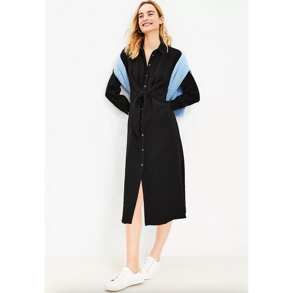 Loft Knot Front Midi Shirtdress Long Sleeve Button Down Tie Front Black Size 2 - Picture 1 of 13